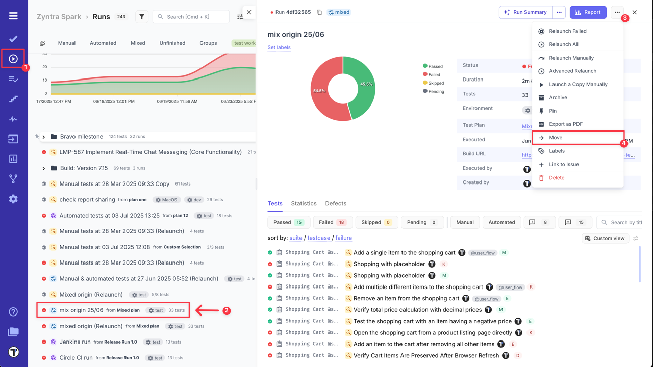 Testomat.io - Move Run option in the dropdown menu